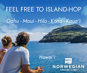 Couple Admiring Hawaiian Islands with Cruise Ship Promotion in Background